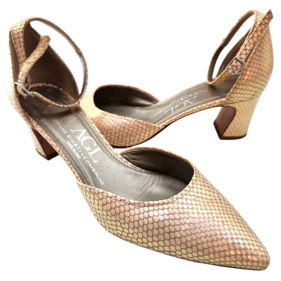 AGL D'Orsay Pink Pearlescent Snakeskin Ankle Strap Chunk Heels Sz. 9.5 US 40 EU - Picture 1 of 10